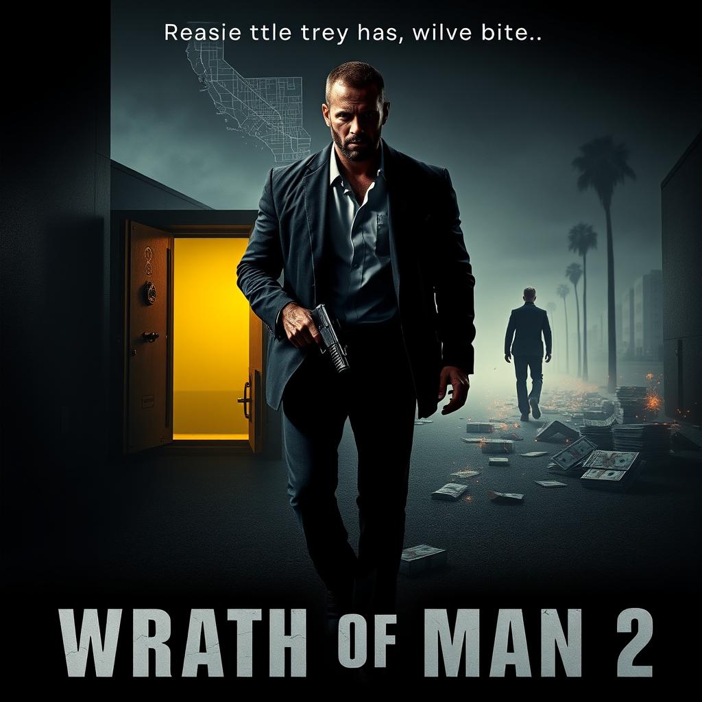 An evocative concept poster for 'Wrath of Man 2' (2024) featuring a dramatic scene where Jason Statham walks purposefully down a deserted street, weapon at the ready