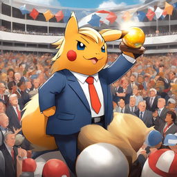 A Donald Trump-inspired Pokémon in a business suit with golden hair and orange skin, holding a Poké Ball against the backdrop of a political rally