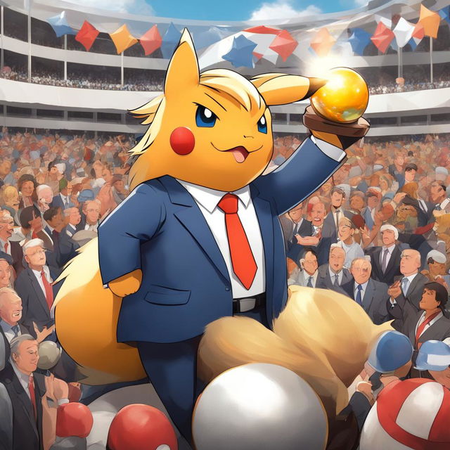 A Donald Trump-inspired Pokémon in a business suit with golden hair and orange skin, holding a Poké Ball against the backdrop of a political rally