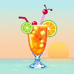 A vibrant and colorful pixel art representation of a cocktail, featuring a glass filled with a bright tropical drink, garnished with a slice of lime and a cherry on top