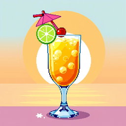 A vibrant and colorful pixel art representation of a cocktail, featuring a glass filled with a bright tropical drink, garnished with a slice of lime and a cherry on top