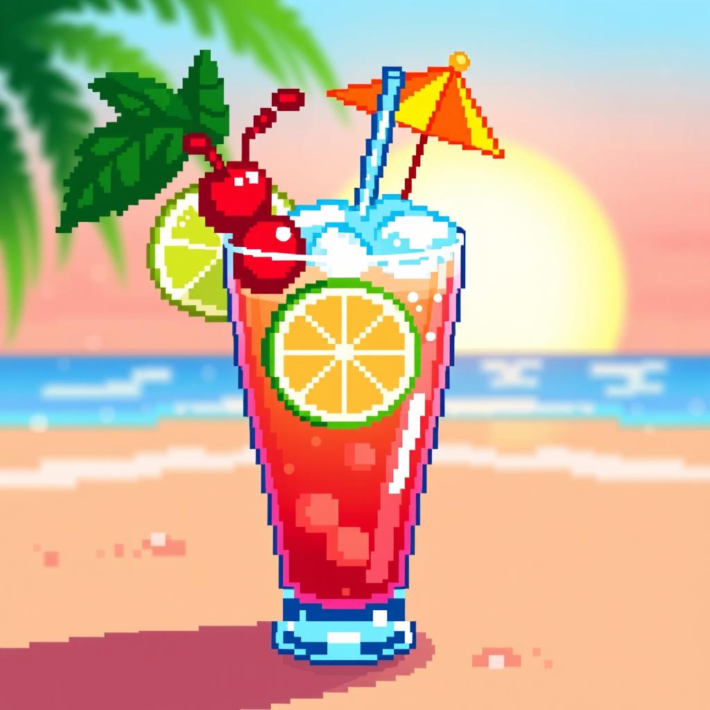 A vibrant and colorful pixel art representation of a cocktail, featuring a glass filled with a bright tropical drink, garnished with a slice of lime and a cherry on top