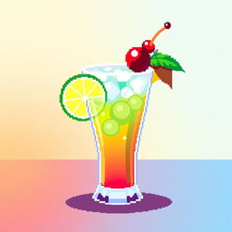 A vibrant and colorful pixel art representation of a cocktail, featuring a glass filled with a bright tropical drink, garnished with a slice of lime and a cherry on top