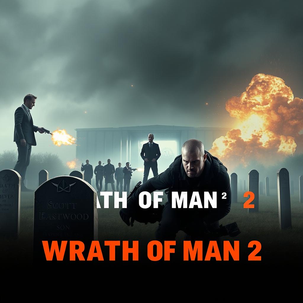 A poignant and intense concept poster for 'Wrath of Man 2' (2024) featuring Jason Statham kneeling by a grave in the foreground, dressed in a tactical suit