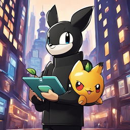 A Steve Jobs-inspired Pokémon in a black turtleneck holding an apple-shaped device against a futuristic cityscape backdrop.