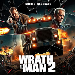 An explosive concept poster for 'Wrath of Man 2' (2024), showcasing a dynamic composition dominated by broken glass fragments that capture key action moments: Jason Statham firing a gun, Scott Eastwood driving an armored truck, and an explosion erupting at a security facility
