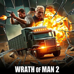 An explosive concept poster for 'Wrath of Man 2' (2024), showcasing a dynamic composition dominated by broken glass fragments that capture key action moments: Jason Statham firing a gun, Scott Eastwood driving an armored truck, and an explosion erupting at a security facility