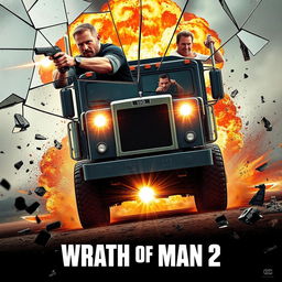 An explosive concept poster for 'Wrath of Man 2' (2024), showcasing a dynamic composition dominated by broken glass fragments that capture key action moments: Jason Statham firing a gun, Scott Eastwood driving an armored truck, and an explosion erupting at a security facility