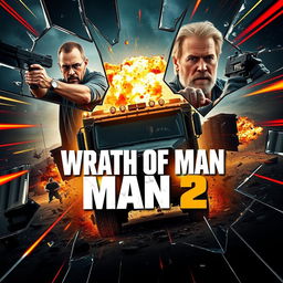An explosive concept poster for 'Wrath of Man 2' (2024), showcasing a dynamic composition dominated by broken glass fragments that capture key action moments: Jason Statham firing a gun, Scott Eastwood driving an armored truck, and an explosion erupting at a security facility