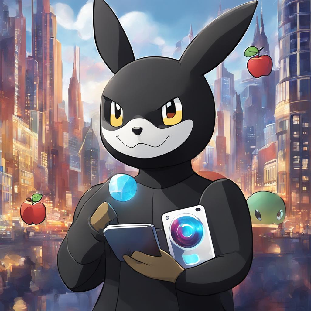 A Steve Jobs-inspired Pokémon in a black turtleneck holding an apple-shaped device against a futuristic cityscape backdrop.