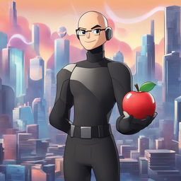 A Steve Jobs-inspired Pokémon in a black turtleneck holding an apple-shaped device against a futuristic cityscape backdrop.