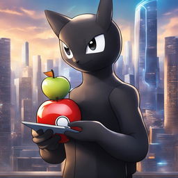 A Steve Jobs-inspired Pokémon in a black turtleneck holding an apple-shaped device against a futuristic cityscape backdrop.