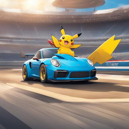 A Porsche 911-inspired Pokémon with sleek, aerodynamic body and wheel-like limbs against a racetrack backdrop.