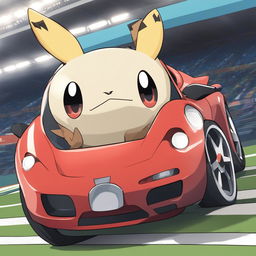 A Porsche 911-inspired Pokémon with sleek, aerodynamic body and wheel-like limbs against a racetrack backdrop.