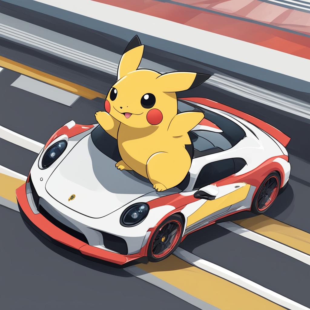 A Porsche 911-inspired Pokémon with sleek, aerodynamic body and wheel-like limbs against a racetrack backdrop.