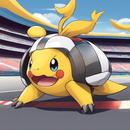 A Porsche 911-inspired Pokémon with sleek, aerodynamic body and wheel-like limbs against a racetrack backdrop.