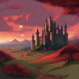 A majestic flat kingdom under a dramatic red sky, with castle turrets piercing the horizon and wild, untamed greenery dotting the vast plains