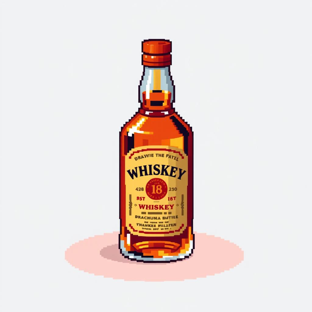 A small pixel art representation of a whiskey bottle, emphasizing vibrant colors and detailed textures