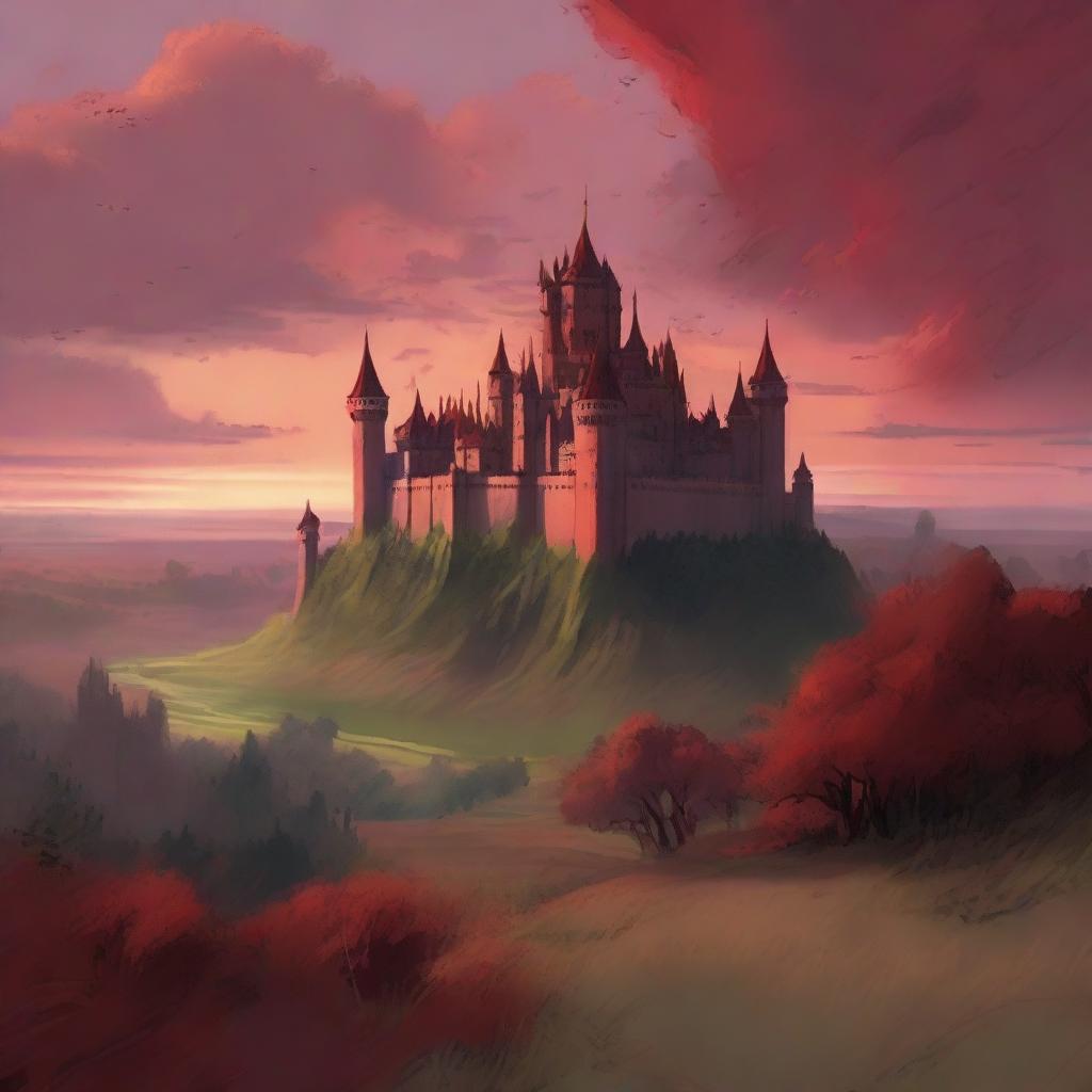 A majestic flat kingdom under a dramatic red sky, with castle turrets piercing the horizon and wild, untamed greenery dotting the vast plains