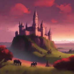 A majestic flat kingdom under a dramatic red sky, with castle turrets piercing the horizon and wild, untamed greenery dotting the vast plains