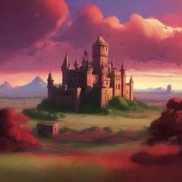 A majestic flat kingdom under a dramatic red sky, with castle turrets piercing the horizon and wild, untamed greenery dotting the vast plains