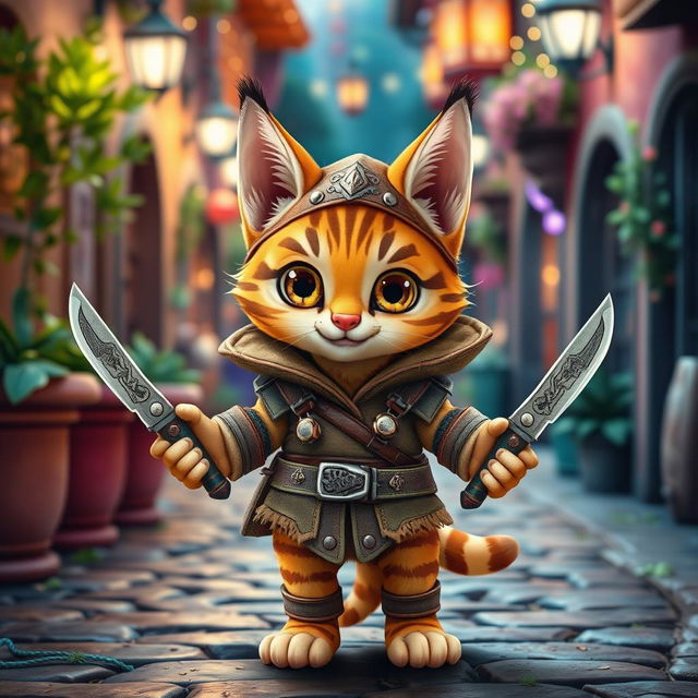 A cute small Tabaxi tabby rogue, with adorable features such as large expressive eyes and a playful grin, stands confidently in a whimsical fantasy setting