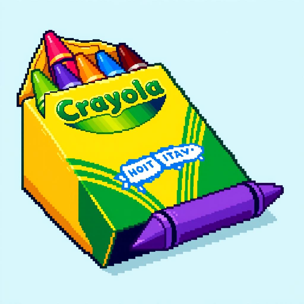 A colorful pixel art icon of a Crayola crayon box, featuring eight vibrant crayons in a bright yellow box, each crayon a different color such as red, blue, green, and yellow