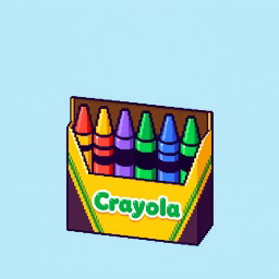 A colorful pixel art icon of a Crayola crayon box, featuring eight vibrant crayons in a bright yellow box, each crayon a different color such as red, blue, green, and yellow