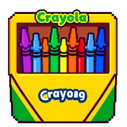 A colorful pixel art icon of a Crayola crayon box, featuring eight vibrant crayons in a bright yellow box, each crayon a different color such as red, blue, green, and yellow