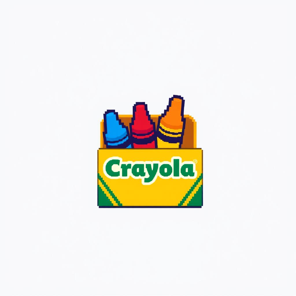 A small pixel art icon of a Crayola crayon box, created with limited pixels, showcasing a yellow box that contains a few vibrant crayons in simplified colors such as red and blue