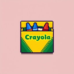 A small pixel art icon of a Crayola crayon box, created with limited pixels, showcasing a yellow box that contains a few vibrant crayons in simplified colors such as red and blue