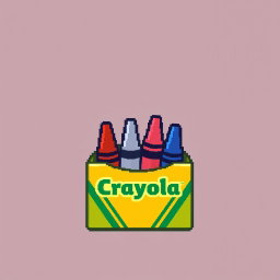 A small pixel art icon of a Crayola crayon box, created with limited pixels, showcasing a yellow box that contains a few vibrant crayons in simplified colors such as red and blue