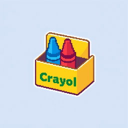 A small pixel art icon of a Crayola crayon box, created with limited pixels, showcasing a yellow box that contains a few vibrant crayons in simplified colors such as red and blue