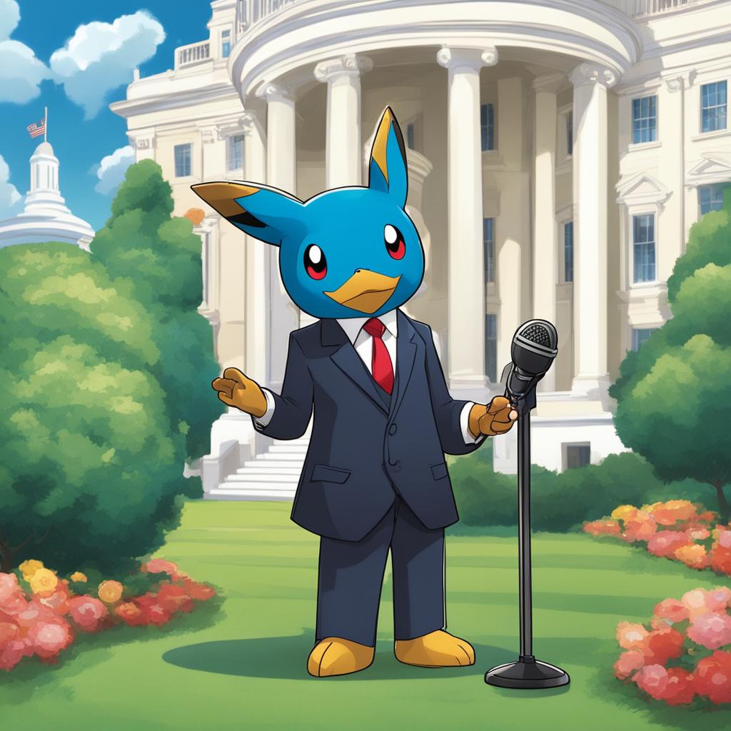 An Obama-inspired Pokémon in a suit with a microphone, standing against a backdrop of the White House.