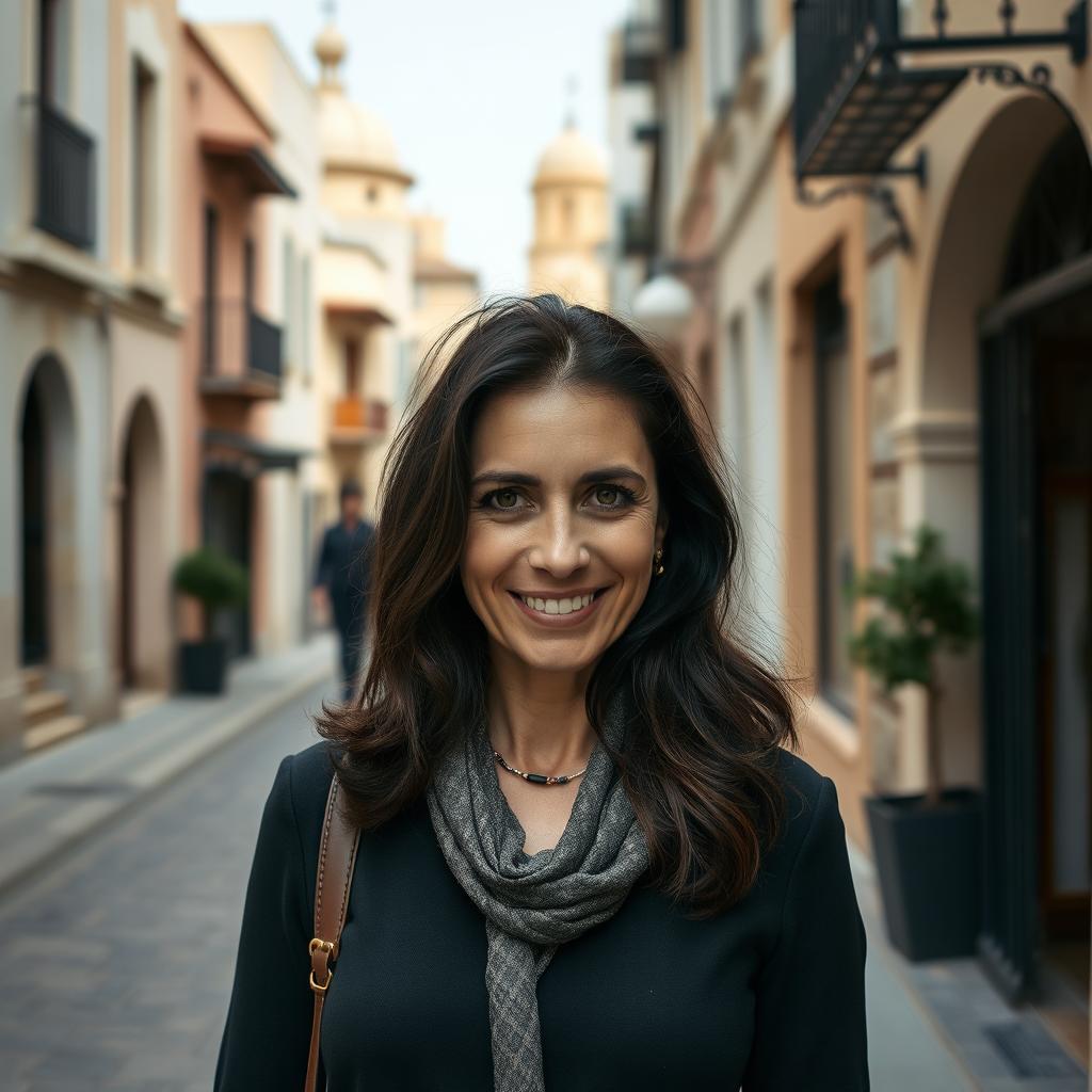 A portrait of a Sephardic woman aged 35-38, with dark hair and hazel eyes, showcasing her natural imperfections and a genuine smile