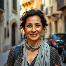 A portrait of a Sephardic woman aged 35-38, with dark hair and hazel eyes, showcasing her natural imperfections and a genuine smile