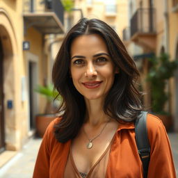 A portrait of a Sephardic woman aged 35-38, with dark hair and hazel eyes, showcasing her natural imperfections and a genuine smile