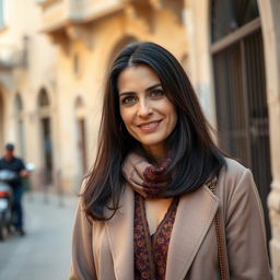 A portrait of a Sephardic woman aged 35-38, with dark hair and hazel eyes, showcasing her natural imperfections and a genuine smile