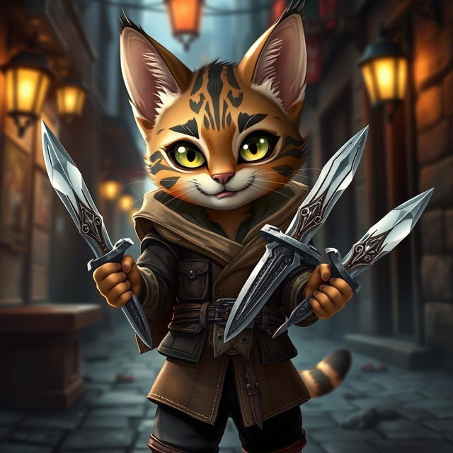 A cute small male Tabaxi with distinctive tabby markings, dressed as a rogue, holding a pair of shiny, intricately designed knives