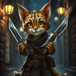 A cute small male Tabaxi with distinctive tabby markings, dressed as a rogue, holding a pair of shiny, intricately designed knives