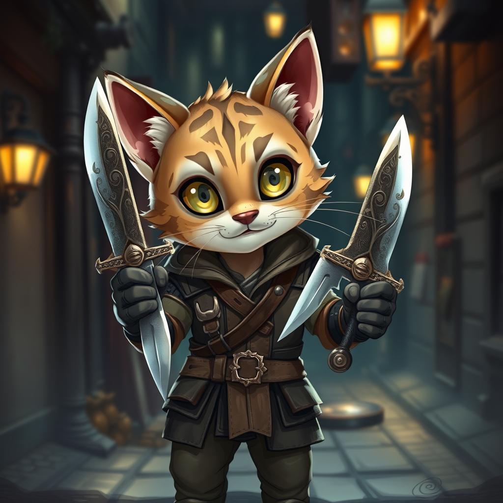 A cute small male Tabaxi with distinctive tabby markings, dressed as a rogue, holding a pair of shiny, intricately designed knives