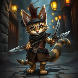 A cute small male Tabaxi with adorable tabby fur patterns, styled as a rogue, skillfully holding a pair of ornate knives