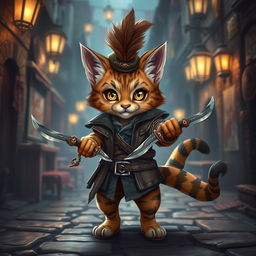 A cute small male Tabaxi with adorable tabby fur patterns, styled as a rogue, skillfully holding a pair of ornate knives