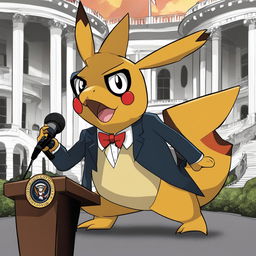 An Obama-inspired Pokémon in a suit with a microphone, standing against a backdrop of the White House.