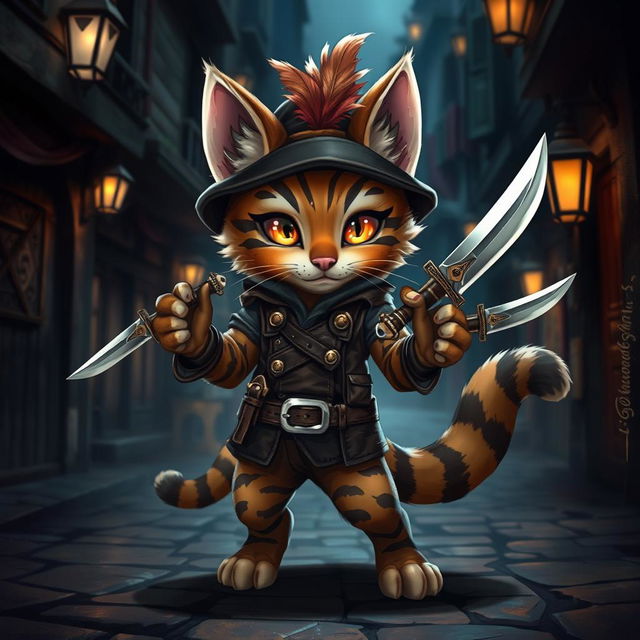 A cute small male Tabaxi with adorable tabby fur patterns, styled as a rogue, skillfully holding a pair of ornate knives