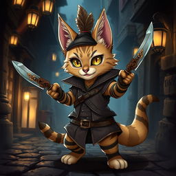 A cute small male Tabaxi with adorable tabby fur patterns, styled as a rogue, skillfully holding a pair of ornate knives