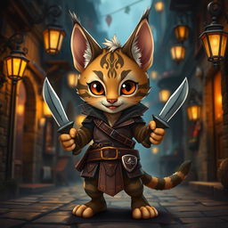 A cute small male Tabaxi with charming tabby markings, designed as a rogue, confidently holding a pair of decorative knives