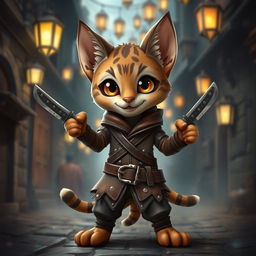A cute small male Tabaxi with charming tabby markings, designed as a rogue, confidently holding a pair of decorative knives