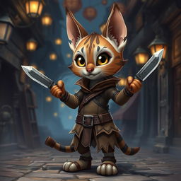 A cute small male Tabaxi with charming tabby markings, designed as a rogue, confidently holding a pair of decorative knives
