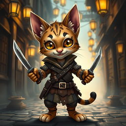 A cute small male Tabaxi with charming tabby markings, designed as a rogue, confidently holding a pair of decorative knives
